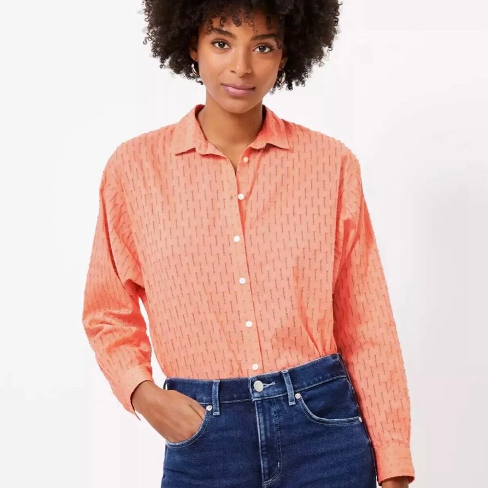 Loft Dobby Relaxed Orange Button Front Swiss Dot Long Sleeve Shirt Women’s Small